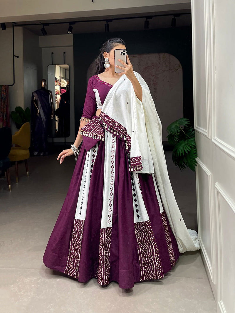 Purple Color Pure Cotton With Plain With Mirror Work Navratri  Special Lehenga Choli Set - Ahesas