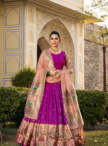Purple Color Zari Weaving Work Paithani Special Jacquard Silk Lehenga Choli Set - Ahesas
