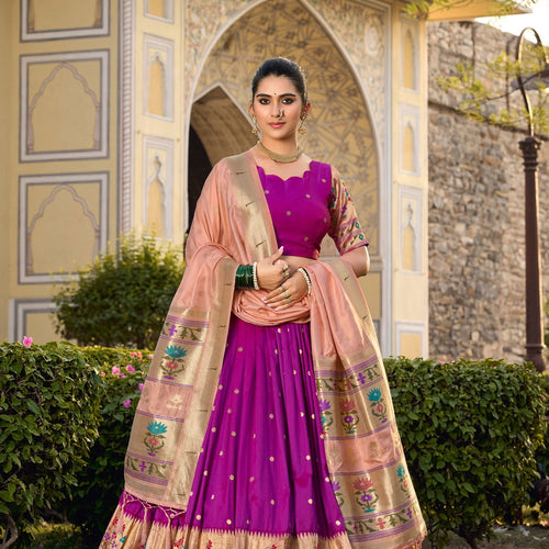 Purple Color Zari Weaving Work Paithani Special Jacquard Silk Lehenga Choli Set - Ahesas