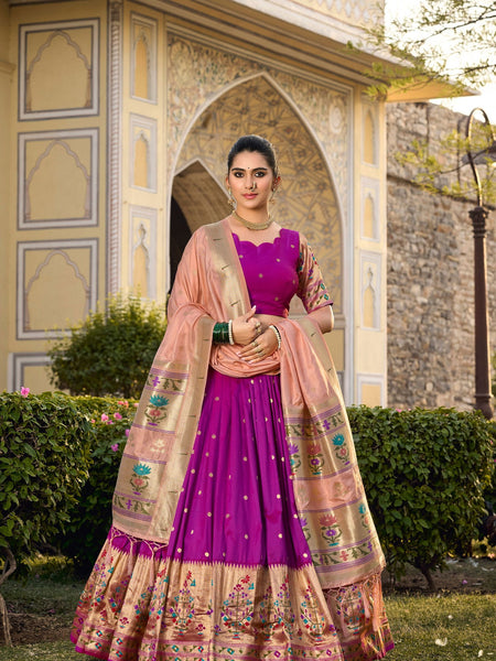 Purple Color Zari Weaving Work Paithani Special Jacquard Silk Lehenga Choli Set - Ahesas