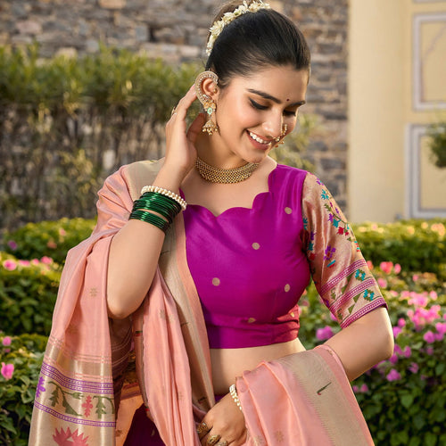 Purple Color Zari Weaving Work Paithani Special Jacquard Silk Lehenga Choli Set - Ahesas