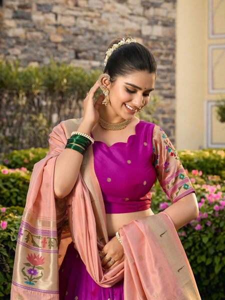 Purple Color Zari Weaving Work Paithani Special Jacquard Silk Lehenga Choli Set - Ahesas