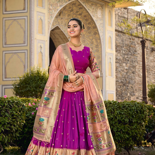 Purple Color Zari Weaving Work Paithani Special Jacquard Silk Lehenga Choli Set - Ahesas