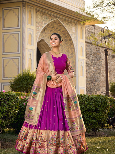 Purple Color Zari Weaving Work Paithani Special Jacquard Silk Lehenga Choli Set - Ahesas