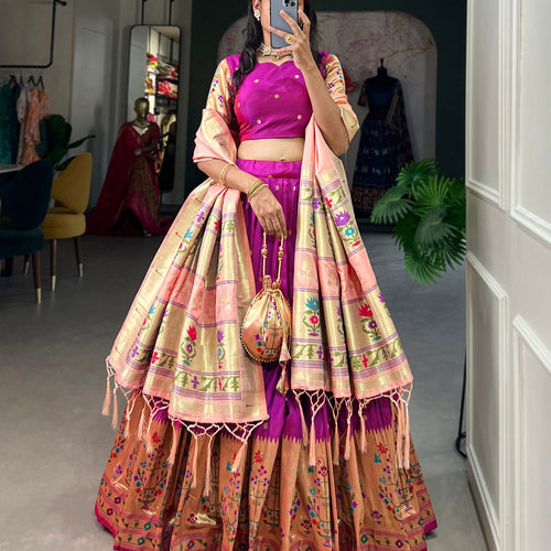 Purple Color Zari Weaving Work Paithani Special Jacquard Silk Lehenga Choli Set - Ahesas