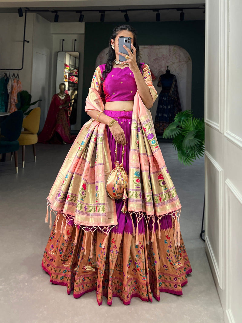 Purple Color Zari Weaving Work Paithani Special Jacquard Silk Lehenga Choli Set - Ahesas
