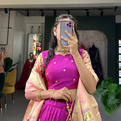 Purple Color Zari Weaving Work Paithani Special Jacquard Silk Lehenga Choli Set - Ahesas