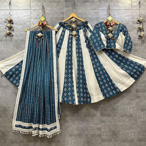Rama Color Pure Cotton With Print Navratri  Special Lehenga Choli Set - Ahesas