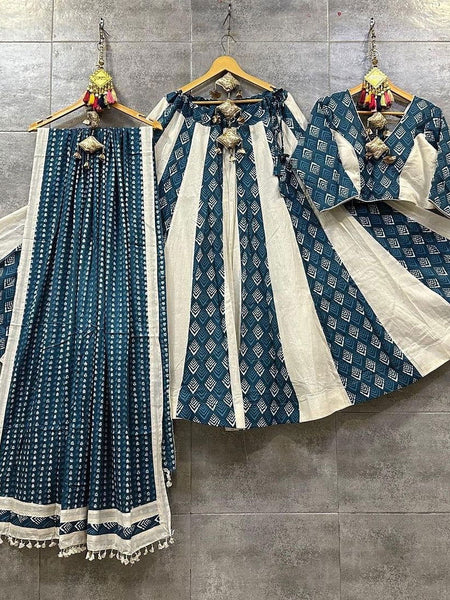 Rama Color Pure Cotton With Print Navratri  Special Lehenga Choli Set - Ahesas