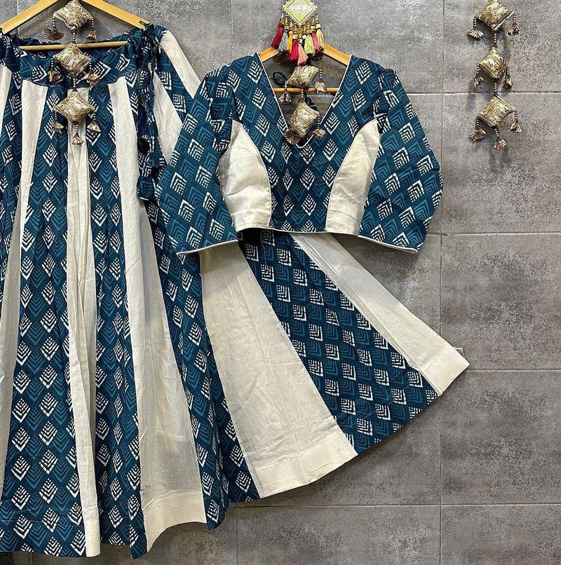 Rama Color Pure Cotton With Print Navratri  Special Lehenga Choli Set - Ahesas