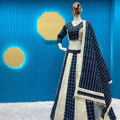 Rama Color Pure Cotton With Print Navratri  Special Lehenga Choli Set - Ahesas