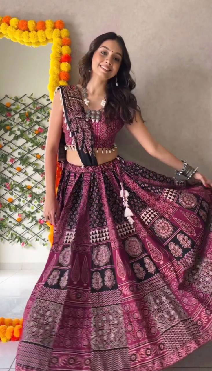 Rani Pink Color Rayon With Printed  Navratri  Special Designer Lehenga Choli Set - Ahesas