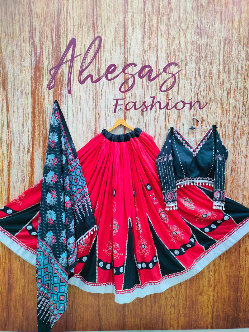 Red-Black Color Printed Mirror Work Cotton Navratri Lehenga Choli - Ahesas