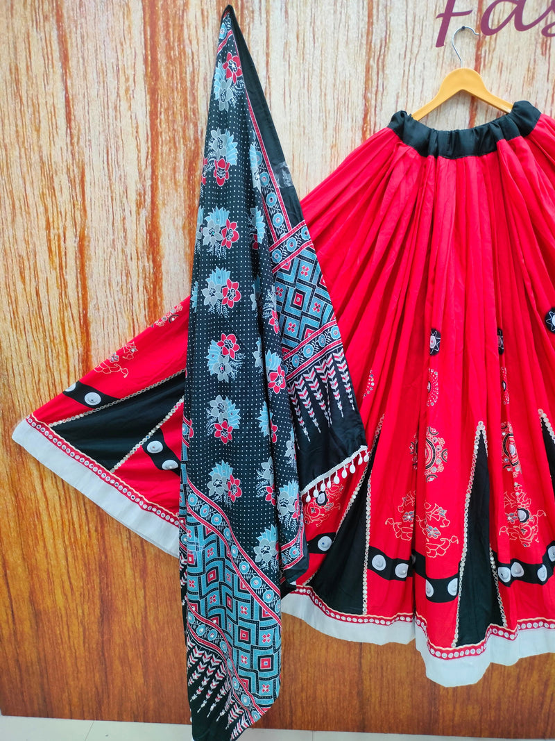 Red-Black Color Printed Mirror Work Cotton Navratri Lehenga Choli - Ahesas