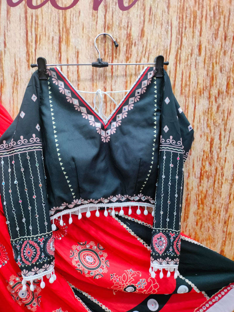 Red-Black Color Printed Mirror Work Cotton Navratri Lehenga Choli - Ahesas