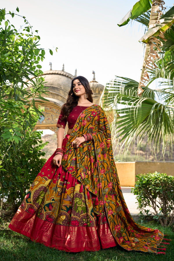 Red Color Tussar Silk Printed Gorgeous Lehenga Choli Set