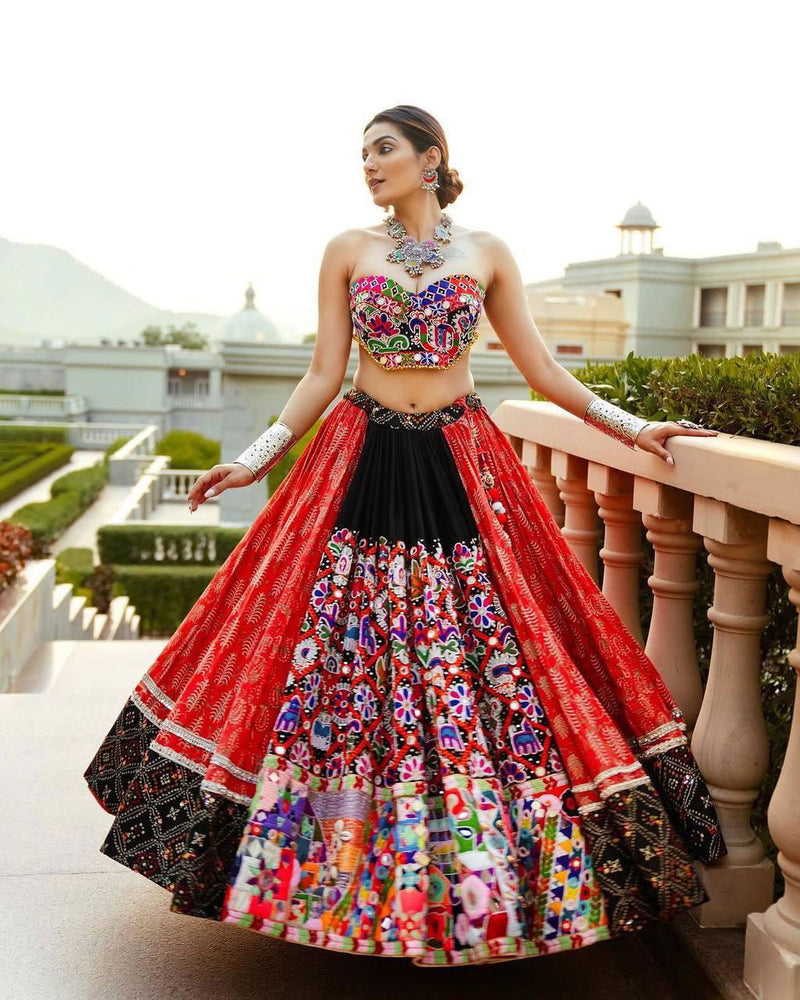 Red Color Muslin Cotton Designer Navratri Lehenga Choli with Digital Print And Mirror Work - Ahesas