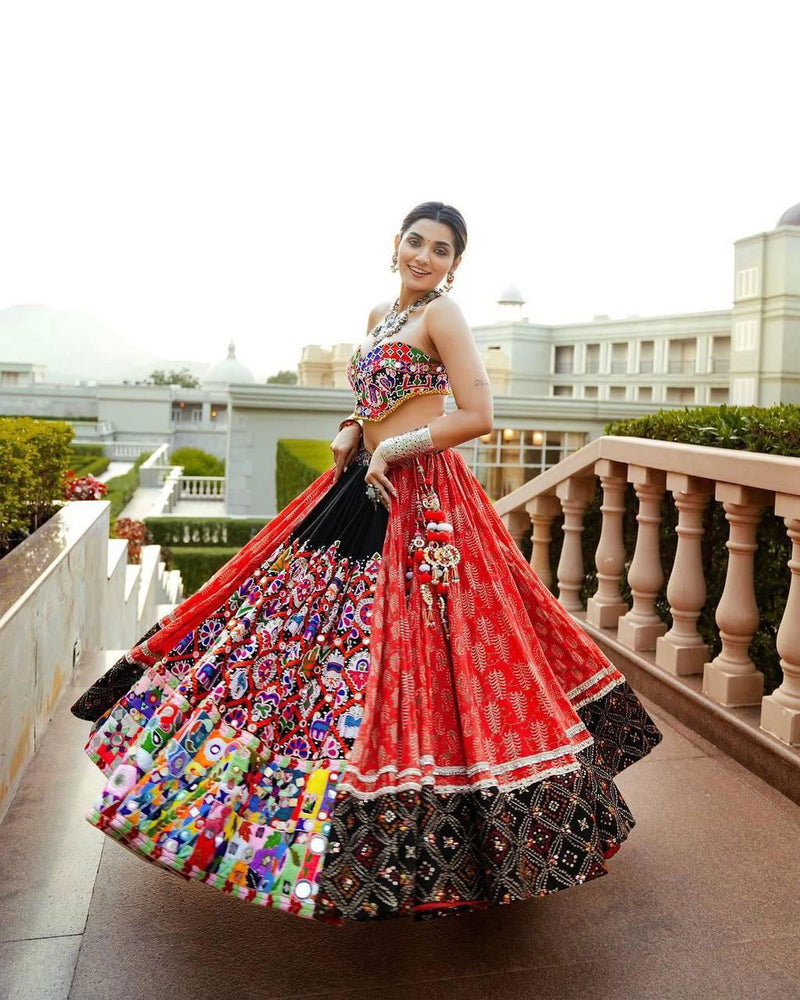 Red Color Muslin Cotton Designer Navratri Lehenga Choli with Digital Print And Mirror Work - Ahesas