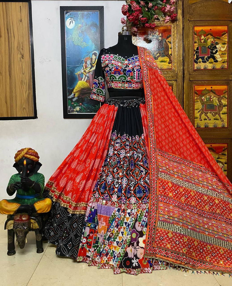 Red Color Muslin Cotton Designer Navratri Lehenga Choli with Digital Print And Mirror Work - Ahesas