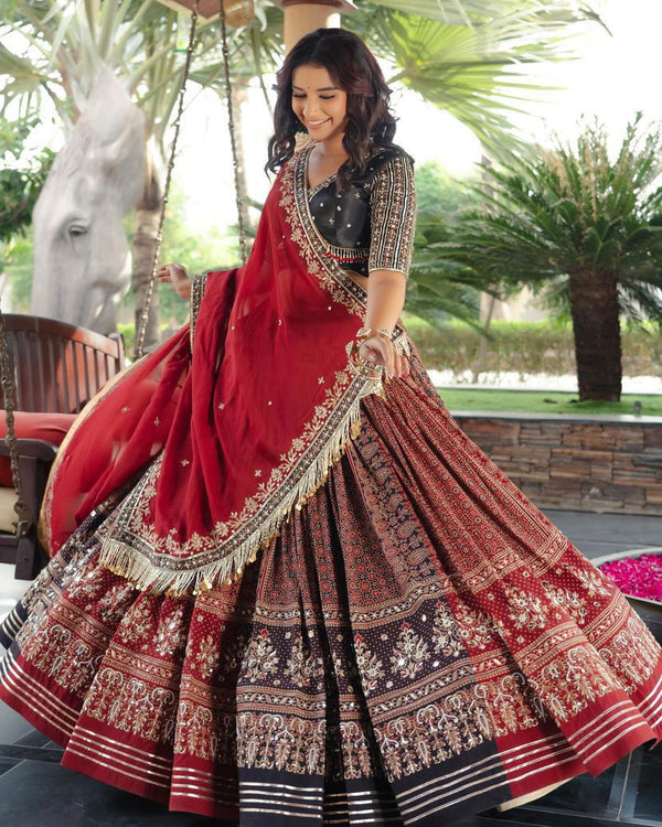 Red Color Muslin Cotton With Gotta Patti Real Mirror Work Designer Navratri  Special Lehenga Choli Set - Ahesas