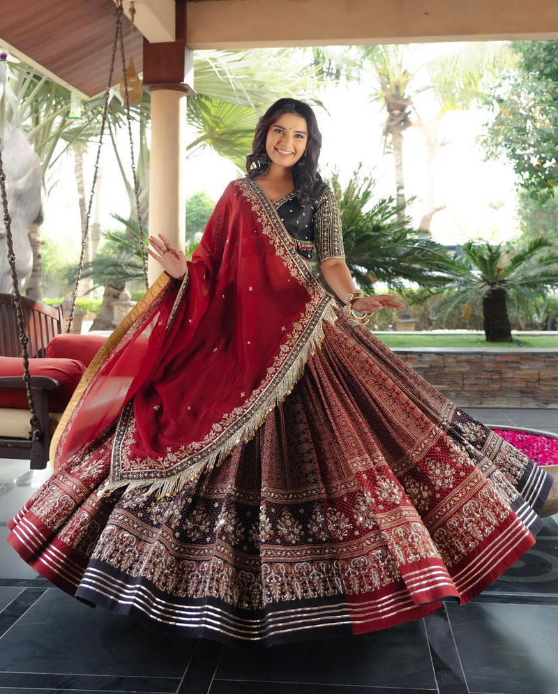 Red Color Muslin Cotton With Gotta Patti Real Mirror Work Designer Navratri  Special Lehenga Choli Set - Ahesas