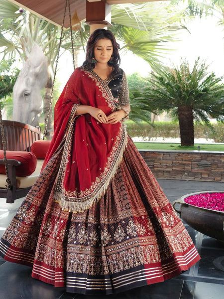 Red Color Muslin Cotton With Gotta Patti Real Mirror Work Designer Navratri  Special Lehenga Choli Set - Ahesas