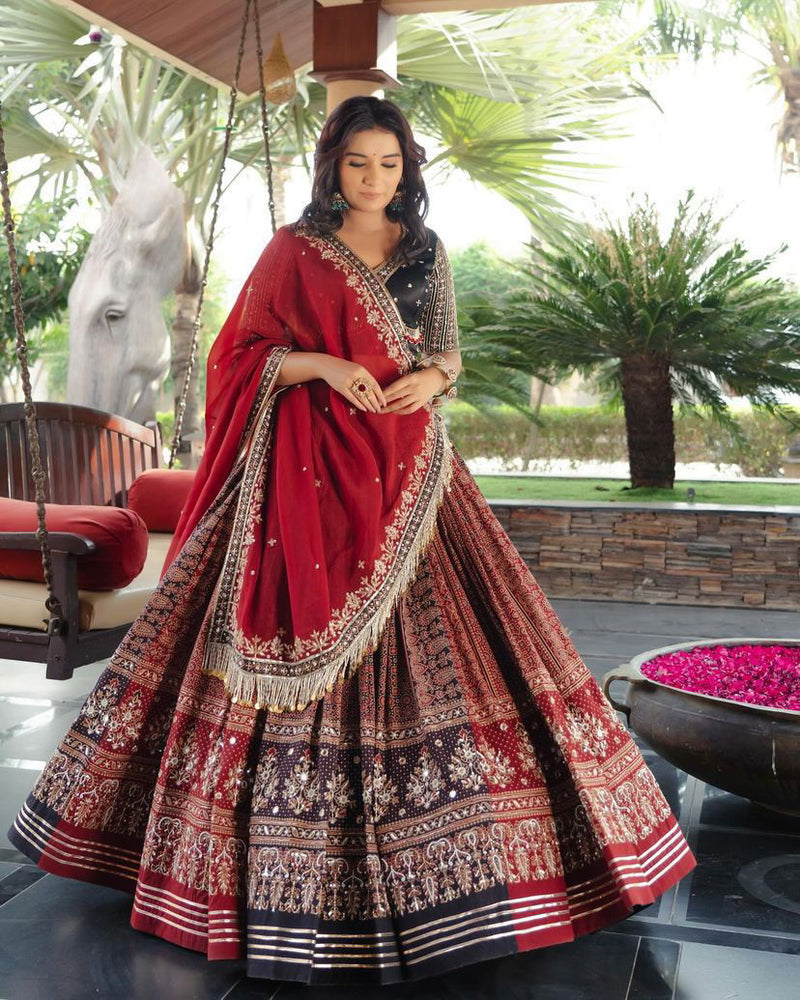 Red Color Muslin Cotton With Gotta Patti Real Mirror Work Designer Navratri  Special Lehenga Choli Set - Ahesas