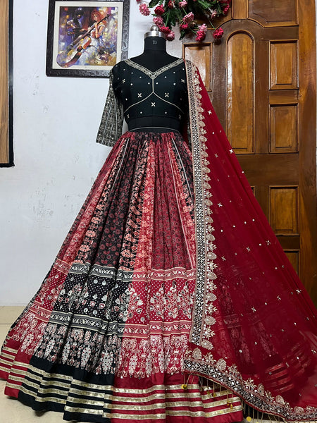 Red Color Muslin Cotton With Gotta Patti Real Mirror Work Designer Navratri  Special Lehenga Choli Set - Ahesas