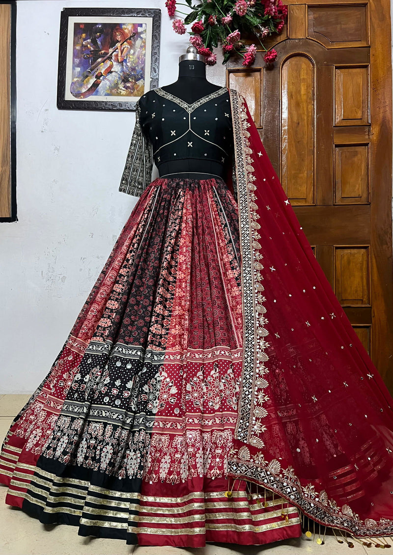 Red Color Muslin Cotton With Gotta Patti Real Mirror Work Designer Navratri  Special Lehenga Choli Set - Ahesas