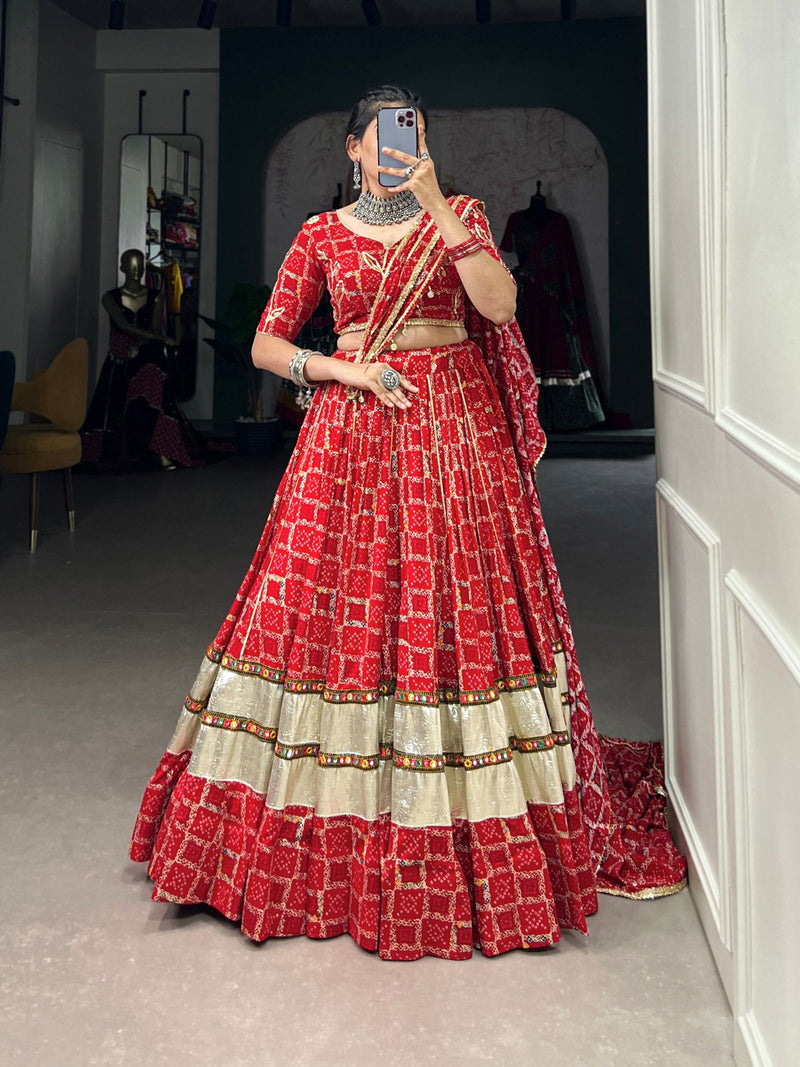 Red Color Pure Rayon Premium  Navratri Lehenga Choli Set with Foil Print And Gotta Patti Work - Ahesas