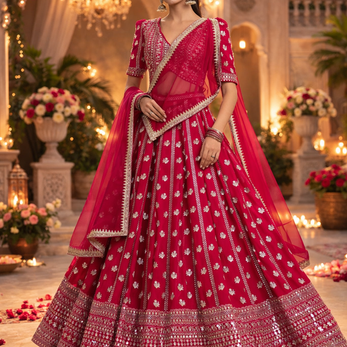 Red Wedding & Party Wear Designer Sequence Embroidery Work Georgette Lehenga Choli