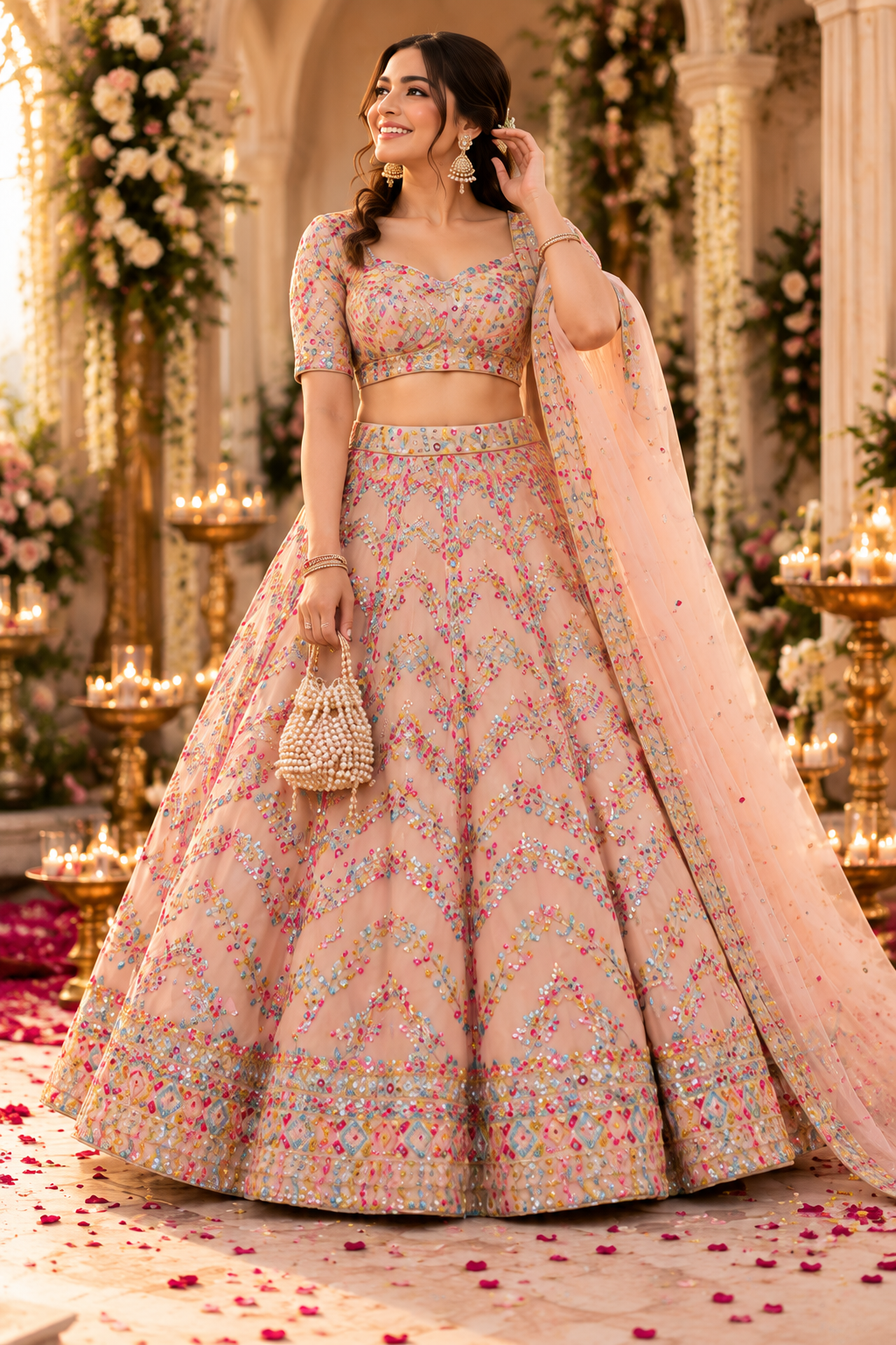 Peach Multicolor Paper Mirror Work Embroidered Lehenga Choli