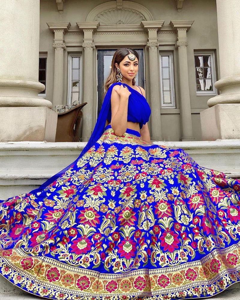 Royal Blue Banarasi Weaving Designer Stylish Fancy Lehenga - Ahesas