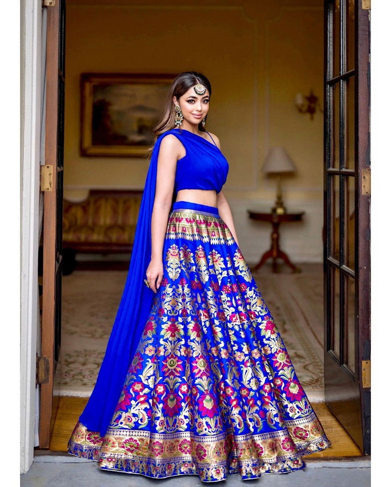 Royal Blue Banarasi Weaving Designer Stylish Fancy Lehenga - Ahesas