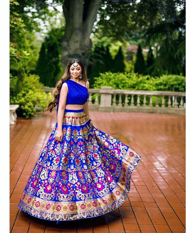 Royal Blue Banarasi Weaving Designer Stylish Fancy Lehenga - Ahesas