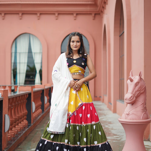 Multi Color Heart Printed Cotton Navratri  Special Lehenga Choli