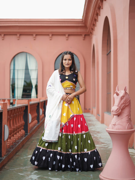 Multi Color Heart Printed Cotton Navratri  Special Lehenga Choli