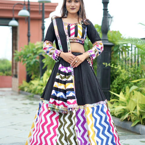 Black Color Leriya Printed Cotton Special Navratri Lehenga Choli