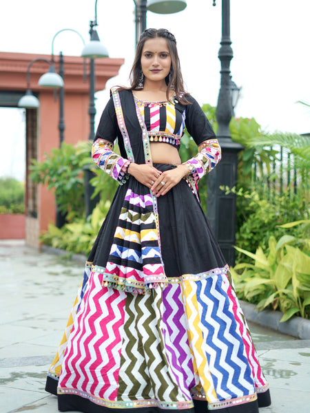 Black Color Leriya Printed Cotton Special Navratri Lehenga Choli