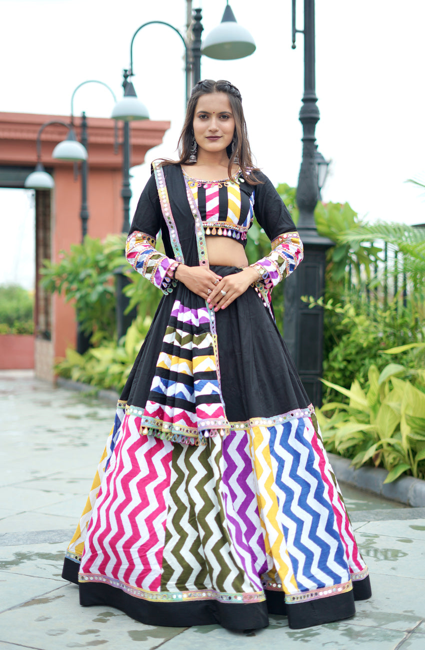 Black Color Leriya Printed Cotton Special Navratri Lehenga Choli