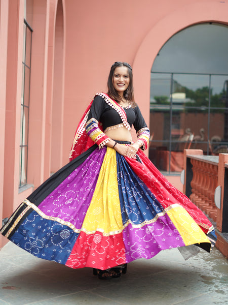 Multi Color Bandhej Printed Cotton Navratri Special Lehenga Choli