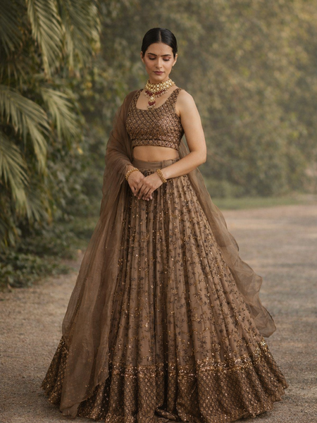 Golden Color Heavy Sequins Work Designer Net Lehenga Choli