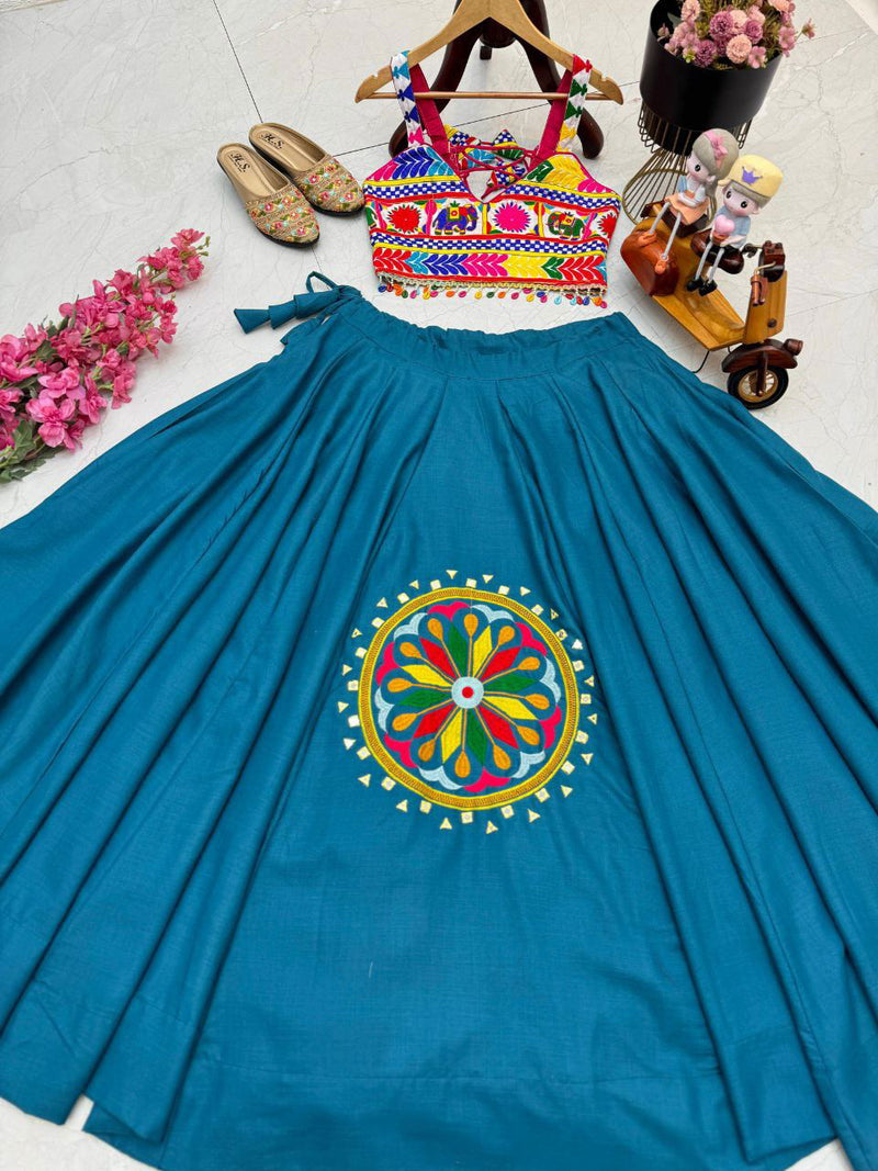 Sky Color Cotton Silk With Embroidery Work And Real Mirror Navratri  Special Lehenga Choli Set - Ahesas