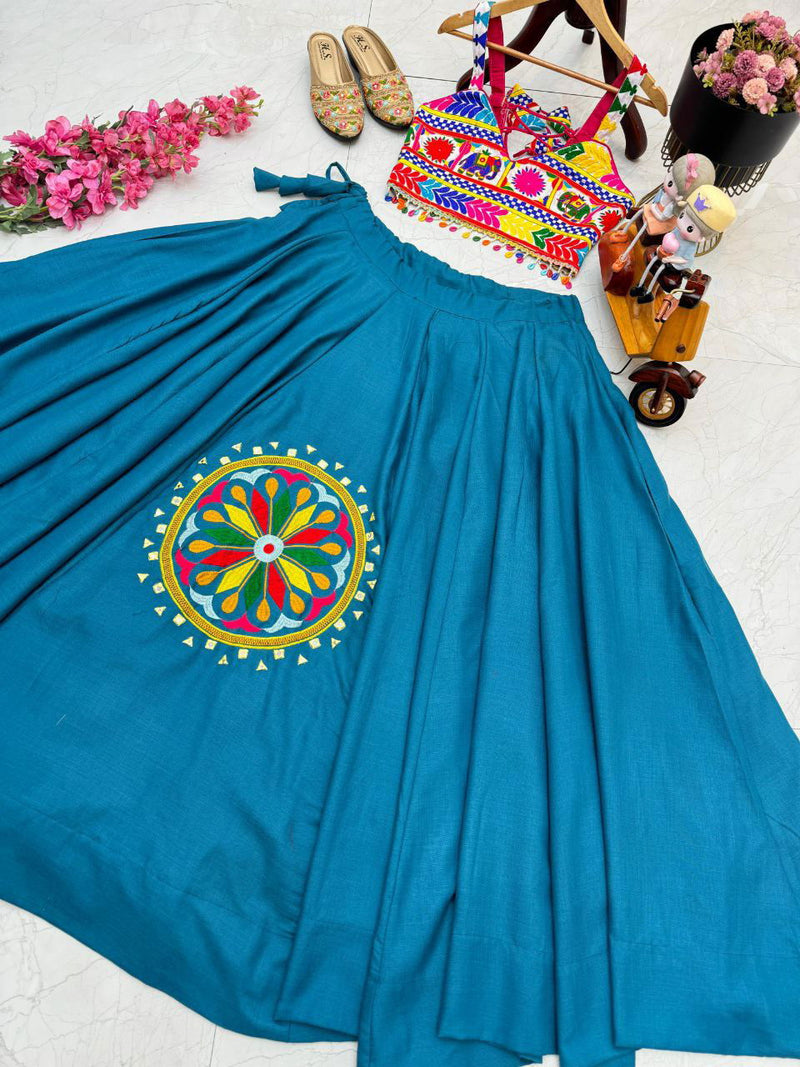 Sky Color Cotton Silk With Embroidery Work And Real Mirror Navratri  Special Lehenga Choli Set - Ahesas