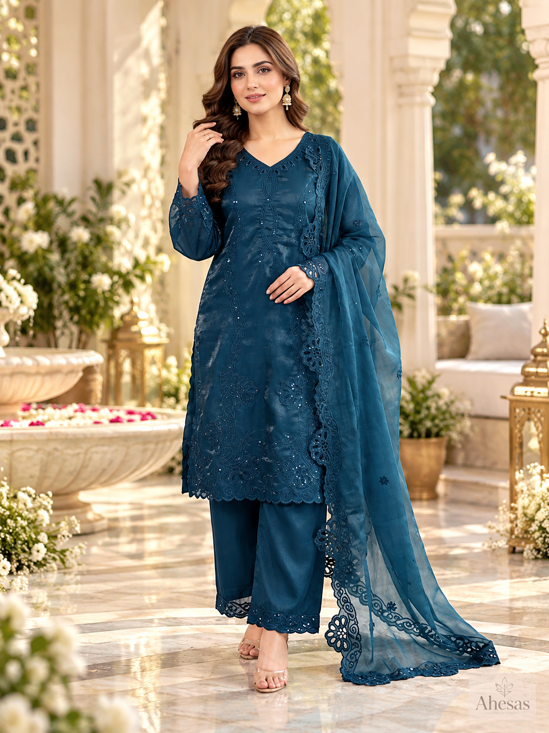 Peacock Blue Floral Embroidered Pakistani 3-Piece Suit