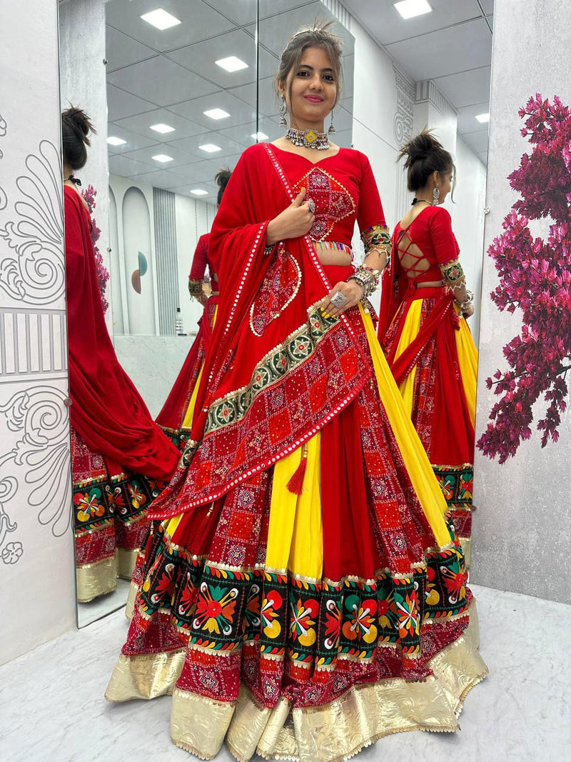 Traditional Gamthi Style Red Color Navratri Designer Pure Cotton  Lehenga Choli - Ahesas