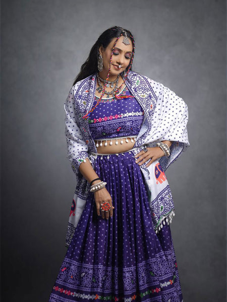 Violet Color Digital Printed Mirror Work Navratri Designer Lehenga - Ahesas