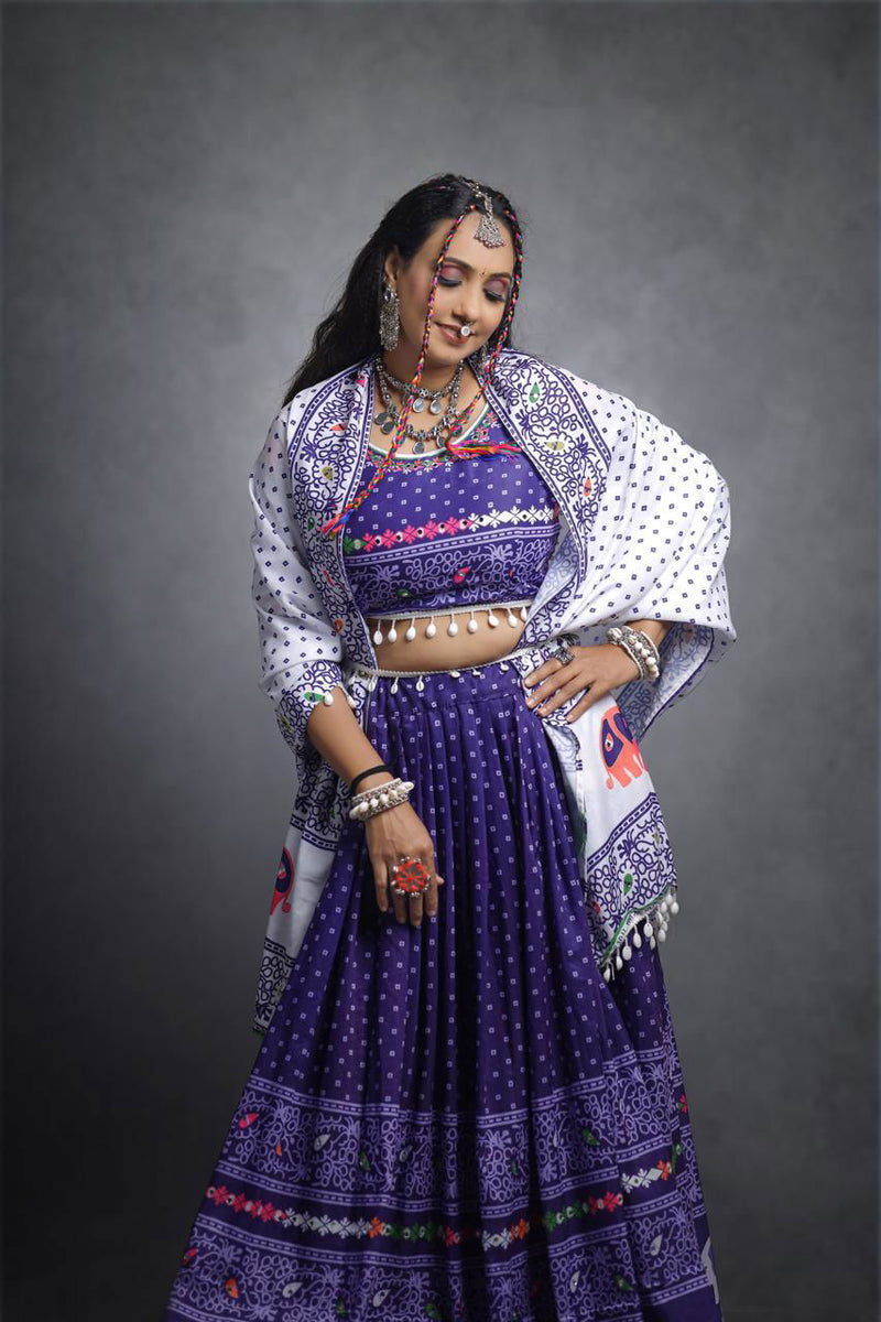 Violet Color Digital Printed Mirror Work Navratri Designer Lehenga - Ahesas