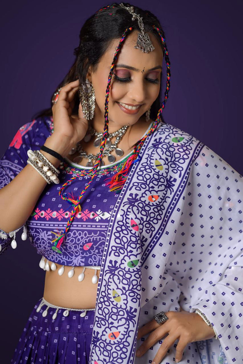 Violet Color Digital Printed Mirror Work Navratri Designer Lehenga - Ahesas
