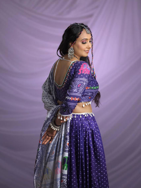 Violet Color Digital Printed Mirror Work Navratri Designer Lehenga - Ahesas